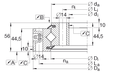 交叉滾子軸承 XSU140744, 標(biāo)準(zhǔn)系列 14， 無齒輪齒，兩側(cè)唇密封