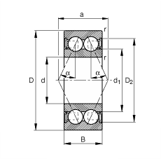 角接觸球軸承 3805-B-2RSR-TVH, 雙列，雙側(cè)唇密封，接觸角 α = 25°